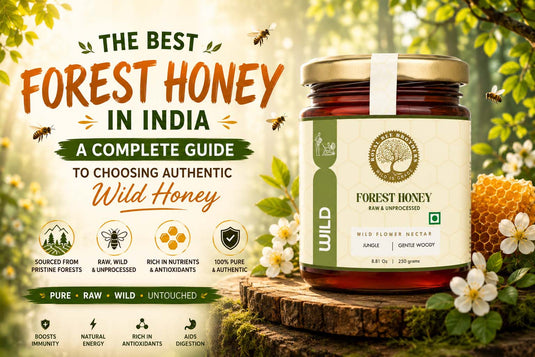 Premium wild forest honey jar displayed in a lush forest with honeycomb, flowers, and bees, highlighting authentic raw Indian forest honey.