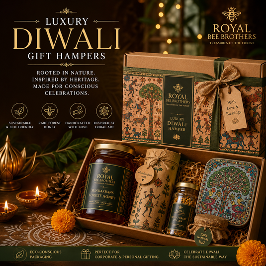 Luxury Diwali gift hamper by Royal Bee Brothers featuring Sundarbans forest honey, eco-friendly festive packaging, tribal art-inspired design, handcrafted wellness products, diya lamps, and sustainable luxury gifting for conscious celebrations.