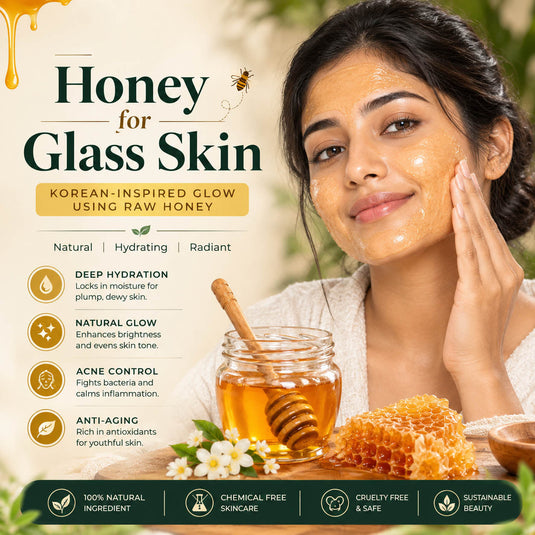 Indian woman applying raw honey face mask for glass-like skin, highlighting natural hydration, radiant glow, softness, and antioxidant-rich skincare benefits.