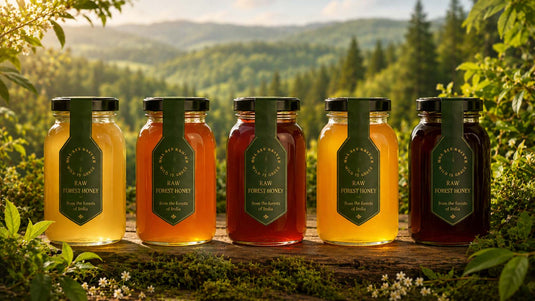 Five premium forest honey jars displaying natural honey color variations against a lush forest backdrop, showcasing raw, unprocessed honey inspired by nature.
