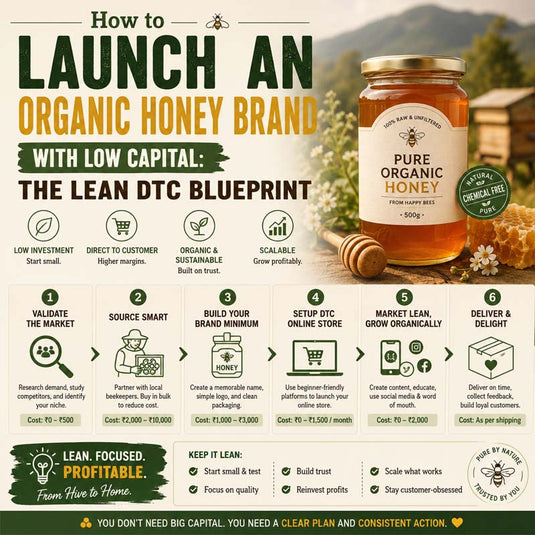 Organic honey brand launch infographic featuring honey jar, six-step lean DTC blueprint, startup costs, branding, sourcing, ecommerce, marketing, growth.