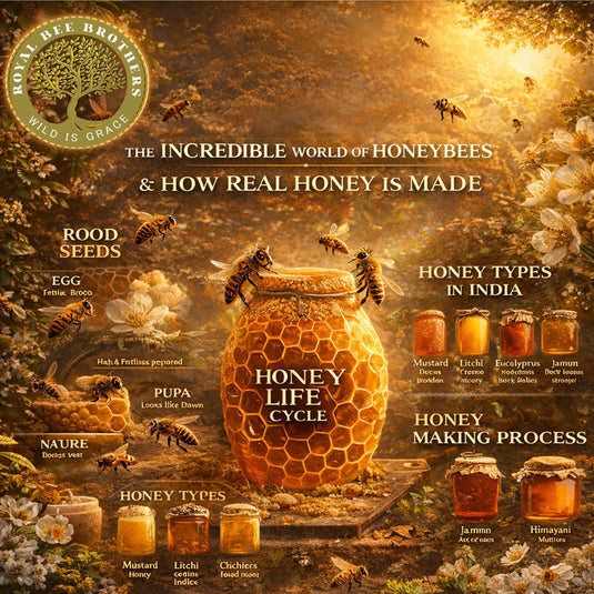 Infographic about honeybee life cycle, honey types in India, and honey making process by Royal Bee Brothers