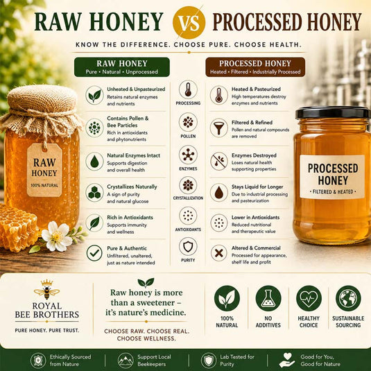 Raw honey is shown as unheated, unfiltered, enzyme-rich, antioxidant-rich, and naturally crystallizing, while processed honey is depicted as heated, filtered, pasteurized, and lower in nutrients.