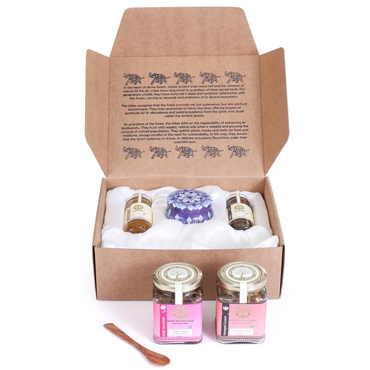 Manasa - Contains 02 types of forest honey, gulkand, dry fruits & nuts, beeswax candle, wooden spoon