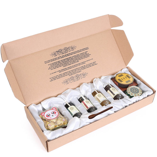 Mandakini - Contains 04 types of honey, chocolate box, beeswax candle, tribal tea coaster, wooden spoon