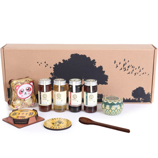 Mandakini - Contains 04 types of honey, chocolate box, beeswax candle, tribal tea coaster, wooden spoon