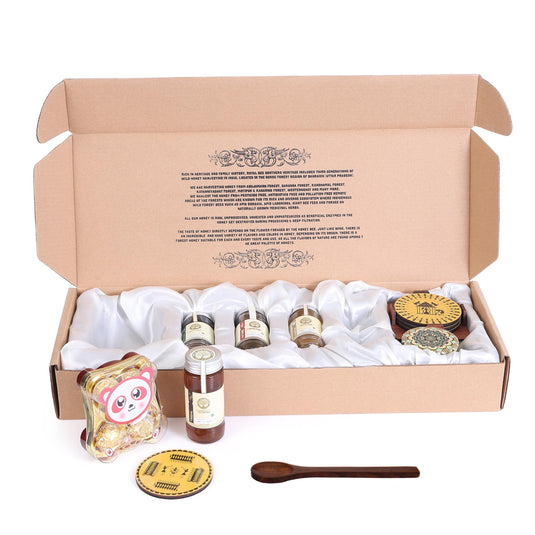 Mandakini - Contains 04 types of honey, chocolate box, beeswax candle, tribal tea coaster, wooden spoon