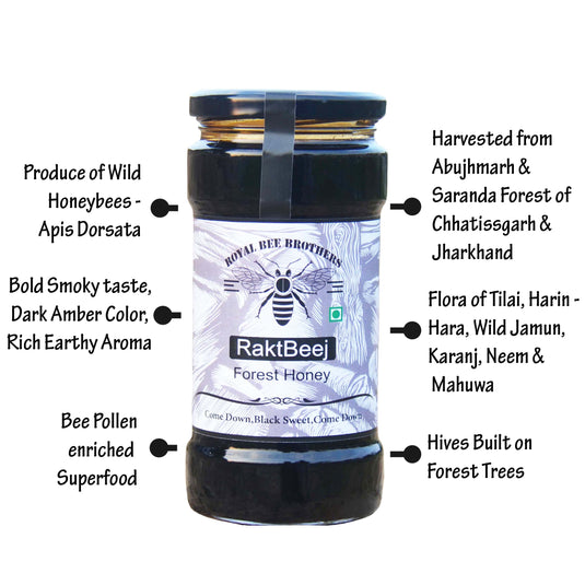 Jar of Raktbeej Black Forest Honey with a dark, rich hue, labeled with natural, earthy branding, placed against a white background.