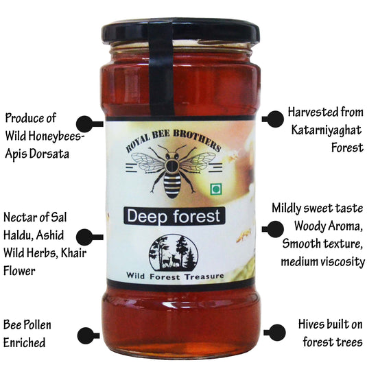 Jar of pure honey with a description of honey from Royal Bee Brothers, detailing the product's features.