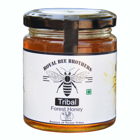 Jar of Royal Bee Brothers Tribal Forest Honey on a white background
