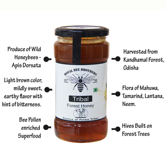 “A glass jar of raw tribal forest honey placed on a wooden surface, surrounded by wildflowers and honeycomb, symbolizing natural purity and traditional harvesting from deep Indian forests.”