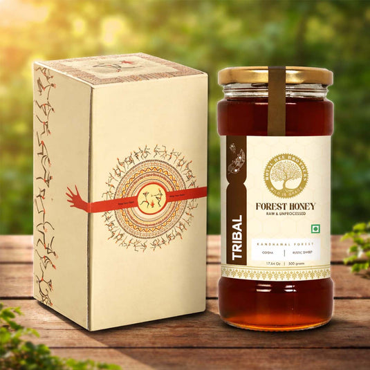 Jar of Forest Honey with packaging on a wooden surface with a natural background