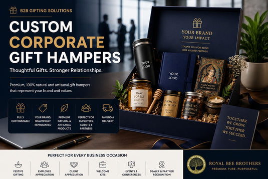 Custom corporate gift hamper showcasing branded packaging, organic honey, wellness products, artisan gifts, employee appreciation, client gifting, India.
