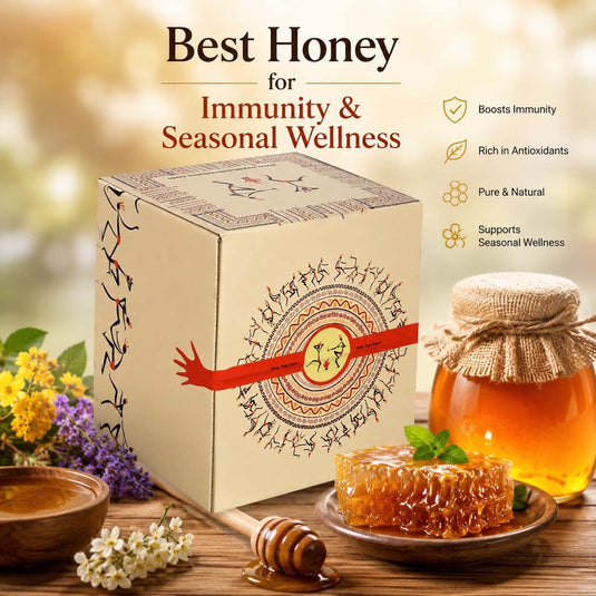 Organic Certified Wild Forest Honey gift box surrounded by natural honeycomb, flowers, and golden honey, symbolizing immunity, wellness, purity, and sustainability.