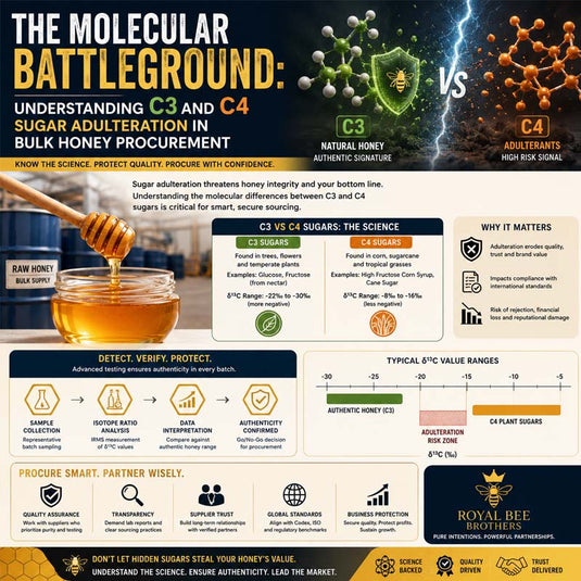 Royal Bee Brothers infographic explaining C3 and C4 sugar adulteration, honey authenticity testing, and quality-focused procurement.