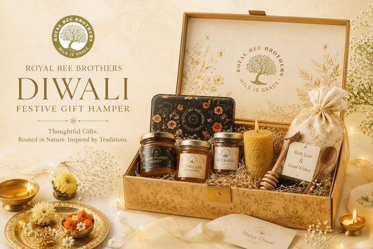 Premium honey-based festive gift hamper with raw forest honey, artisanal products, elegant packaging, perfect for Diwali, corporate gifting, and celebrations.