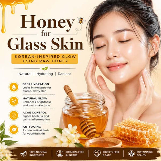 Honey for glass skin skincare concept featuring a glowing woman with natural dewy skin, raw honey jar, honey dipper, and floral elements representing Korean-inspired beauty routine for hydration, acne control, and radiant skin glow