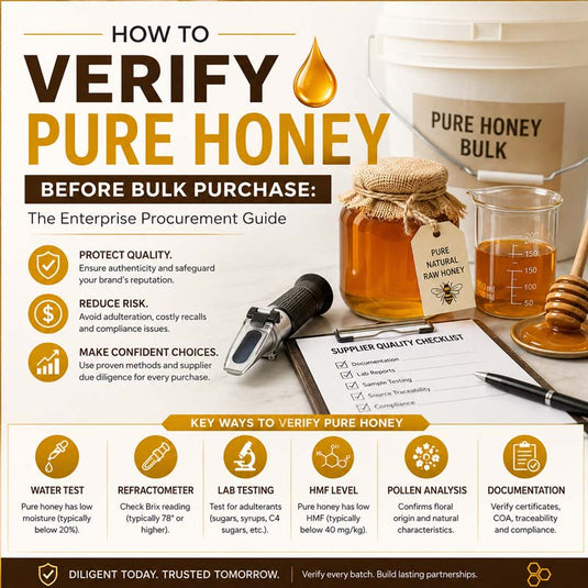 Professional infographic showing honey jars, bulk honey container, refractometer, laboratory tools, procurement checklist, and key methods for verifying honey purity before purchase.