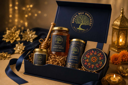 Luxury corporate gift hamper featuring premium forest honey, artisanal wellness products, sustainable packaging, handcrafted elegance, and Royal Bee Brothers branding for festive gifting.