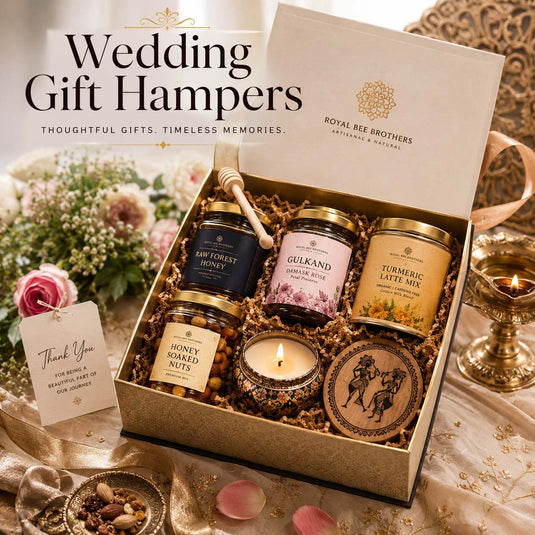 Royal Bee Brothers premium wedding gift hamper featuring forest honey, artisanal treats, elegant packaging, and sustainable keepsakes for guests.