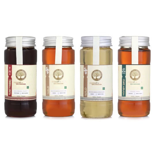 Mandakini - Contains 04 types of honey, chocolate box, beeswax candle, tribal tea coaster, wooden spoon