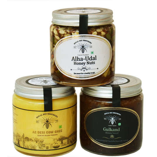 A2 Desi Cow Ghee, Gulkand, Nuts-soaked Honey | 100% Pure and Organic Wellness Pack | - Royal Bee Brothers