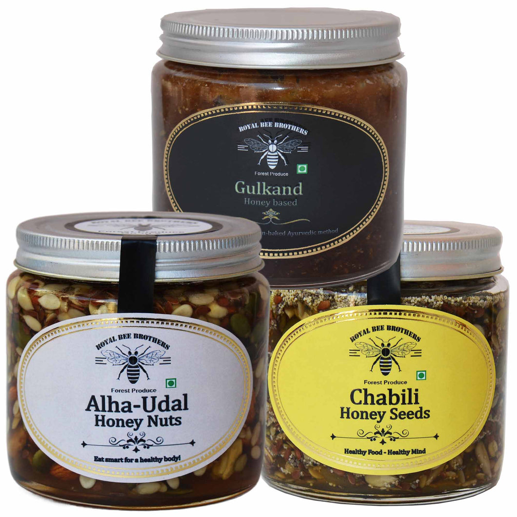 Nuts soaked Honey, Seeds soaked Honey, Honey based Gulkand | Wellness Pack - Royal Bee Brothers