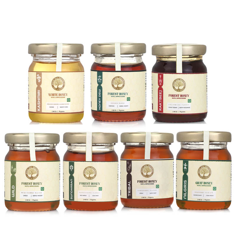 Collection of 7 premium honey varieties featuring raw forest honey, Himalayan honey, tribal honey, and rare wild honey from India