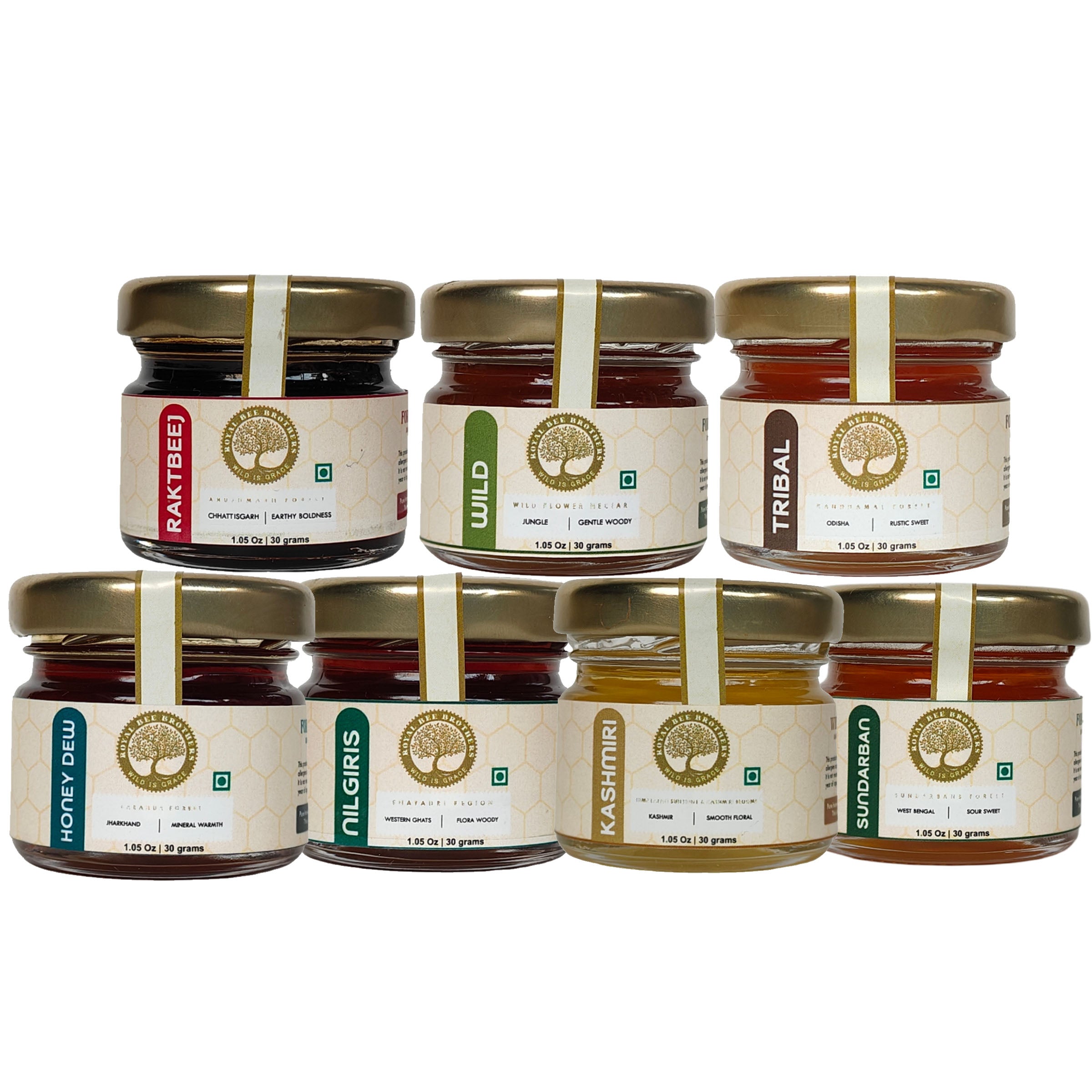 Luxury assorted honey hamper with seven handcrafted honey jars showcasing authentic Indian forest and mountain honey varieties