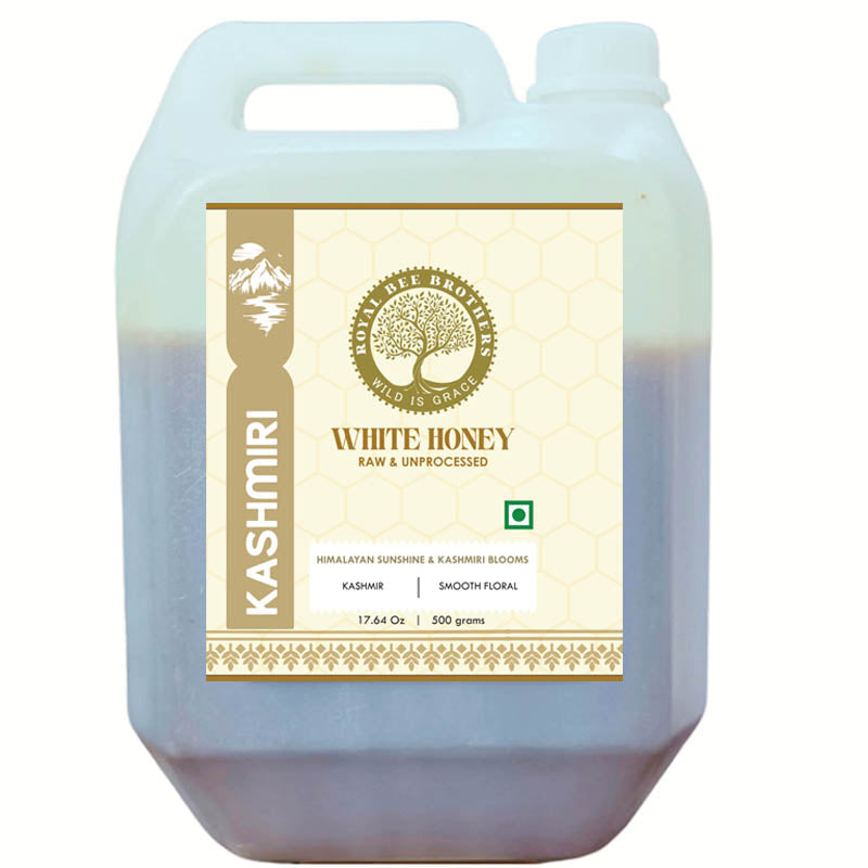 Natural Kashmiri honey online India featuring raw forest honey from Himalayan regions with pure floral aroma and rich amber consistency