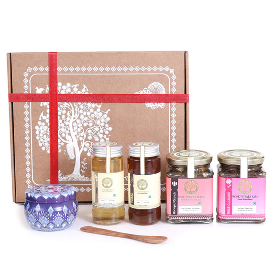 Manasa - Contains 02 types of forest honey, gulkand, dry fruits & nuts, beeswax candle, wooden spoon