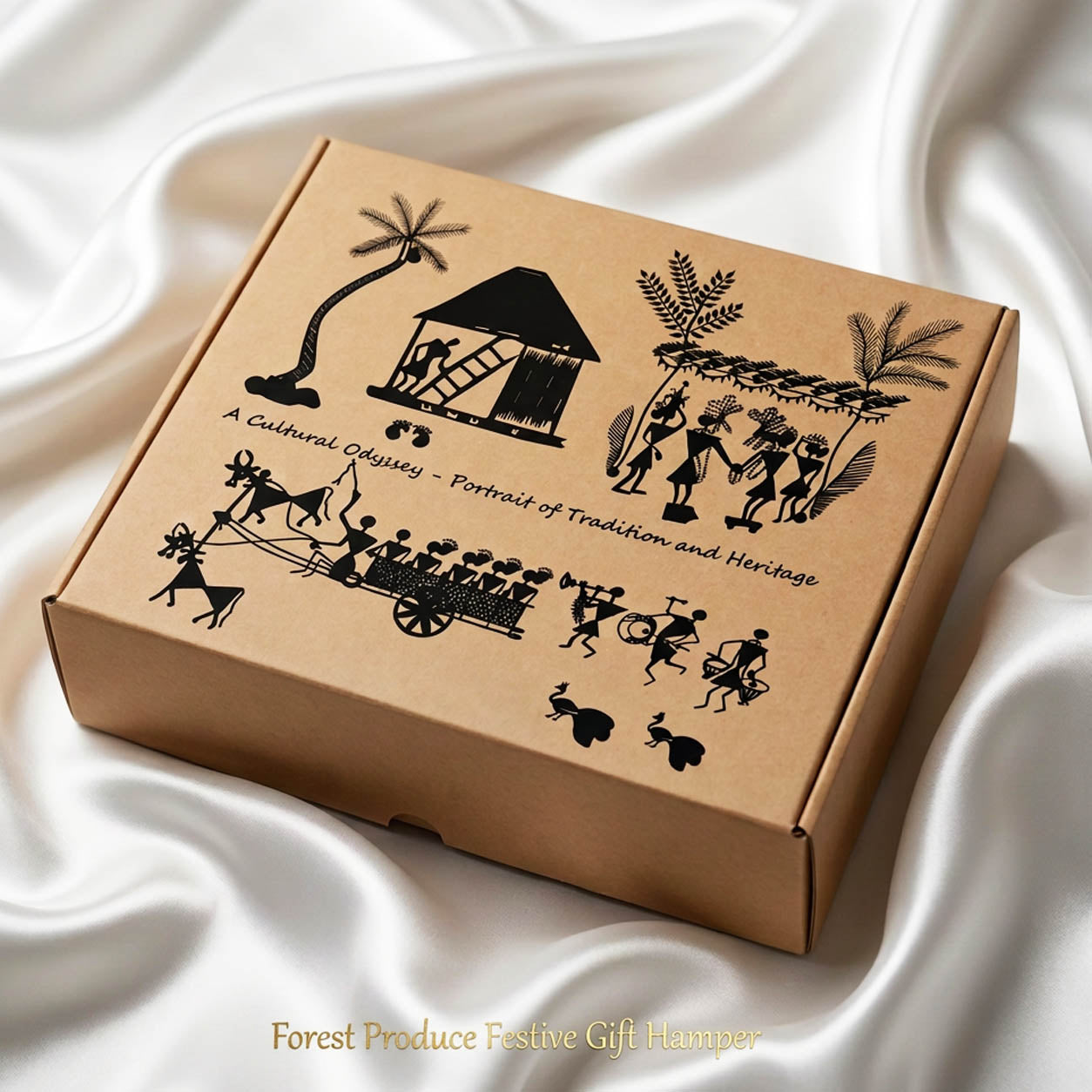 A square kraft paper gift box with black printed cultural illustrations and text, photographed on draped white satin fabric. The box lid shows a palm tree, a hut, dancers, a cart, and small figures, with the text 'A Cultural Odyssey - Portrait of Tradition and Heritage.