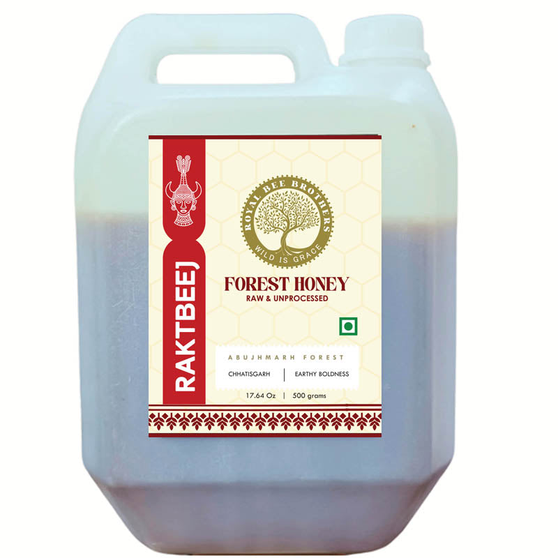 Large container of Raktbee Forest Honey with a visible label on a white background