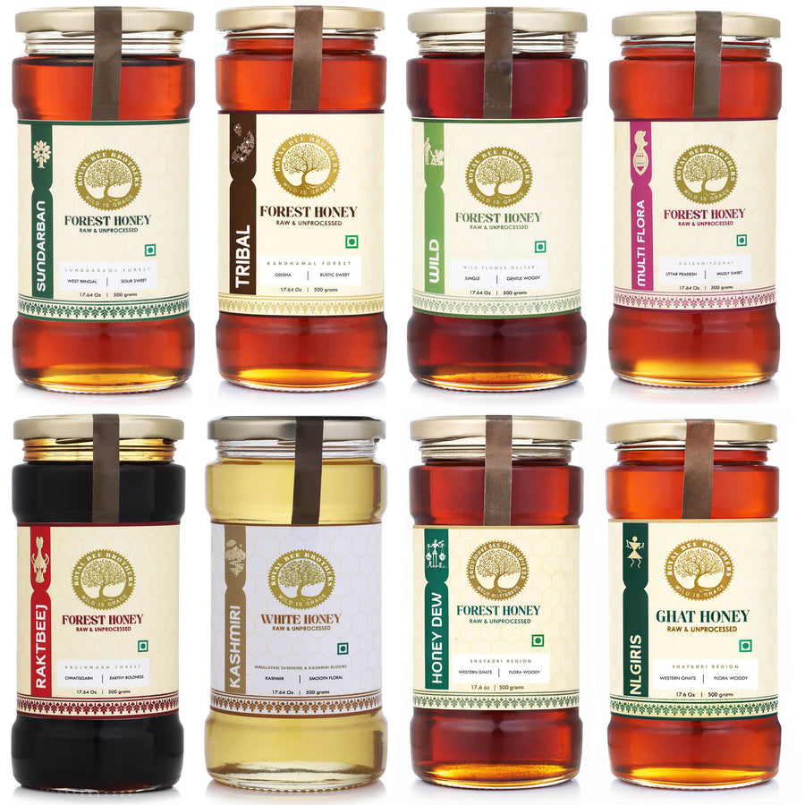 Collection of eight different types of Forest Honey, Raw & Unprocessed, Harvested from eight Forests