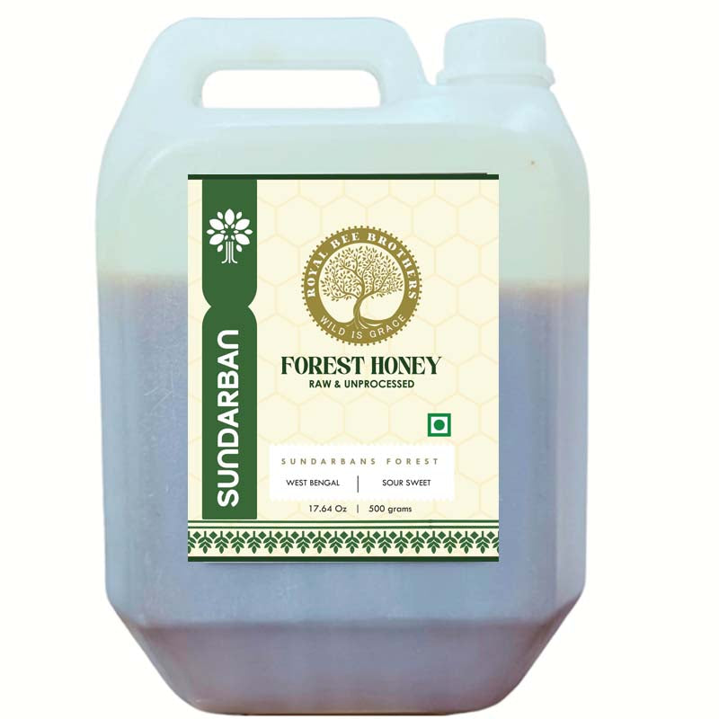 Large container of Sundarban Forest Honey with a label on a white background