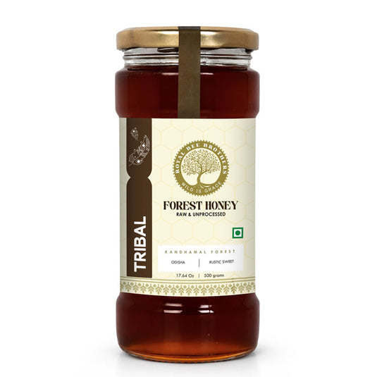 Royal Bee Brothers tribal forest honey jar filled with raw wild honey ethically harvested from untouched Indian forests